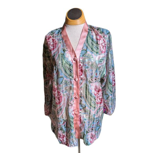 Vtg 1990s Victoria's Secret Gold Label Pink Green Floral Sheer Sleep Shirt Sz S - Picture 2 of 4